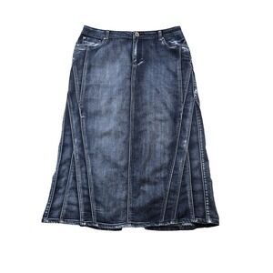 Baccini Women's Jean Midi Skirt Dark Wash Back Slit Pockets Seams Size 16